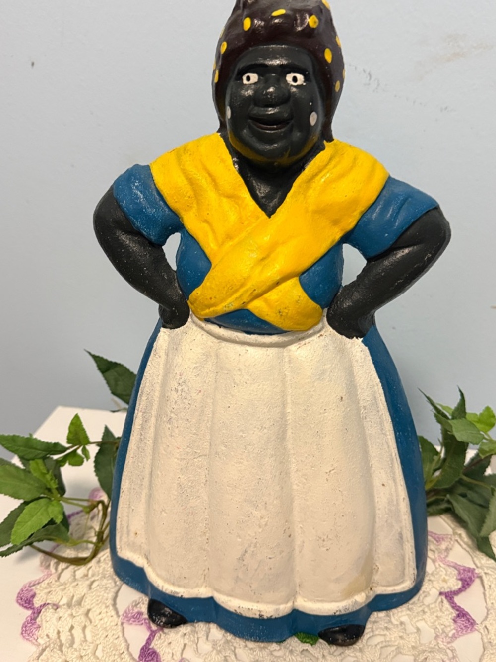 Vintage Hand-Painted Black Figurine in Blue & Yellow Dress with White Apron - Picture 3 of 5